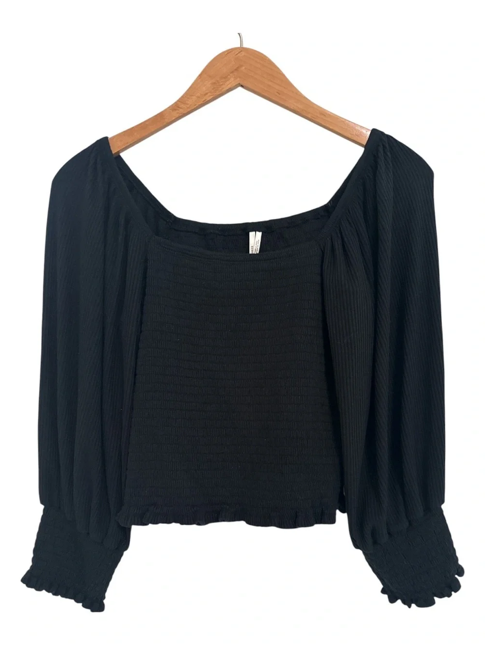 Anthropologie Black Square-Neck Smocked Puff Sleeve Blouse Size